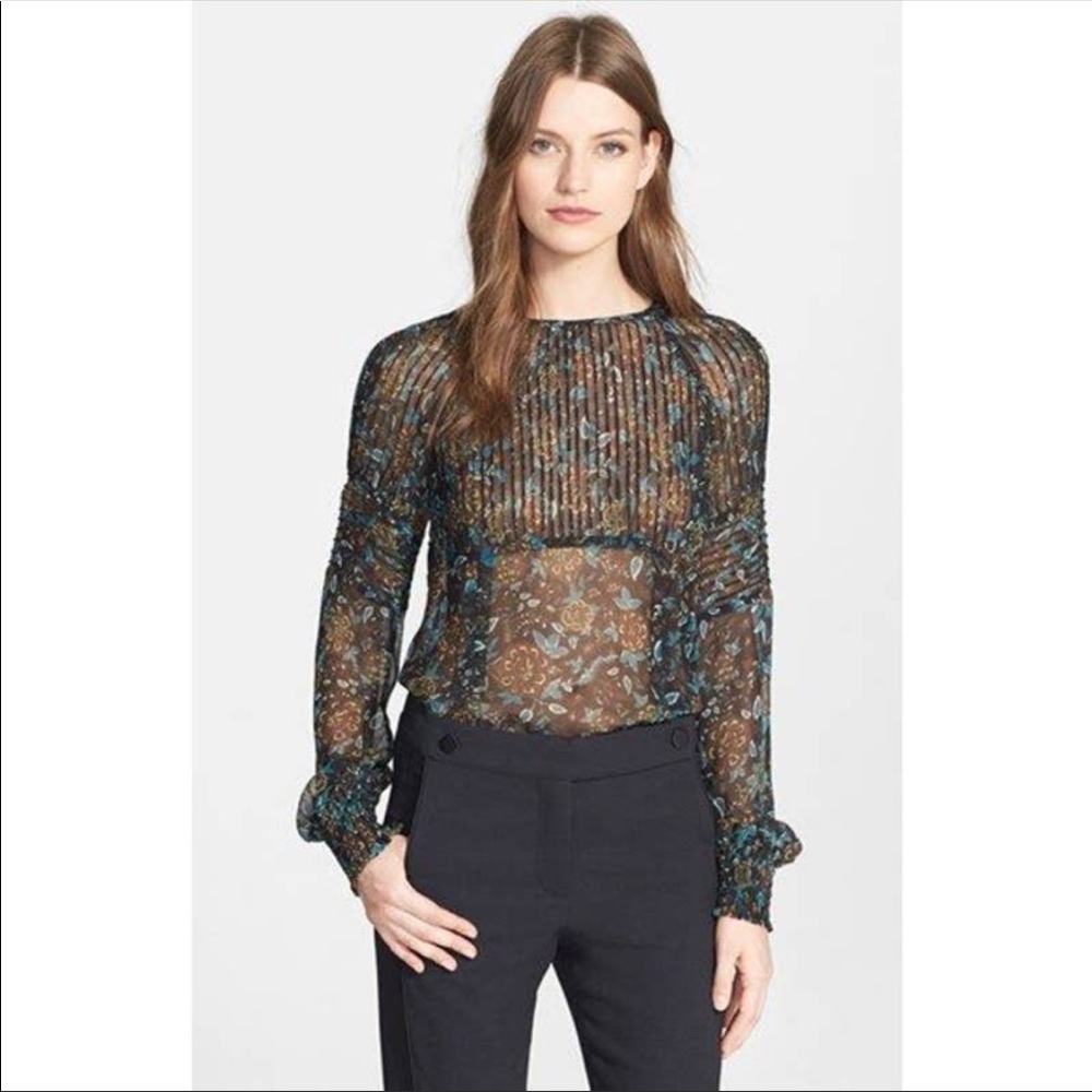 VERONICA BEARD Silk Tooley Pintuck Sheer Floral Long Sleeve Blouse